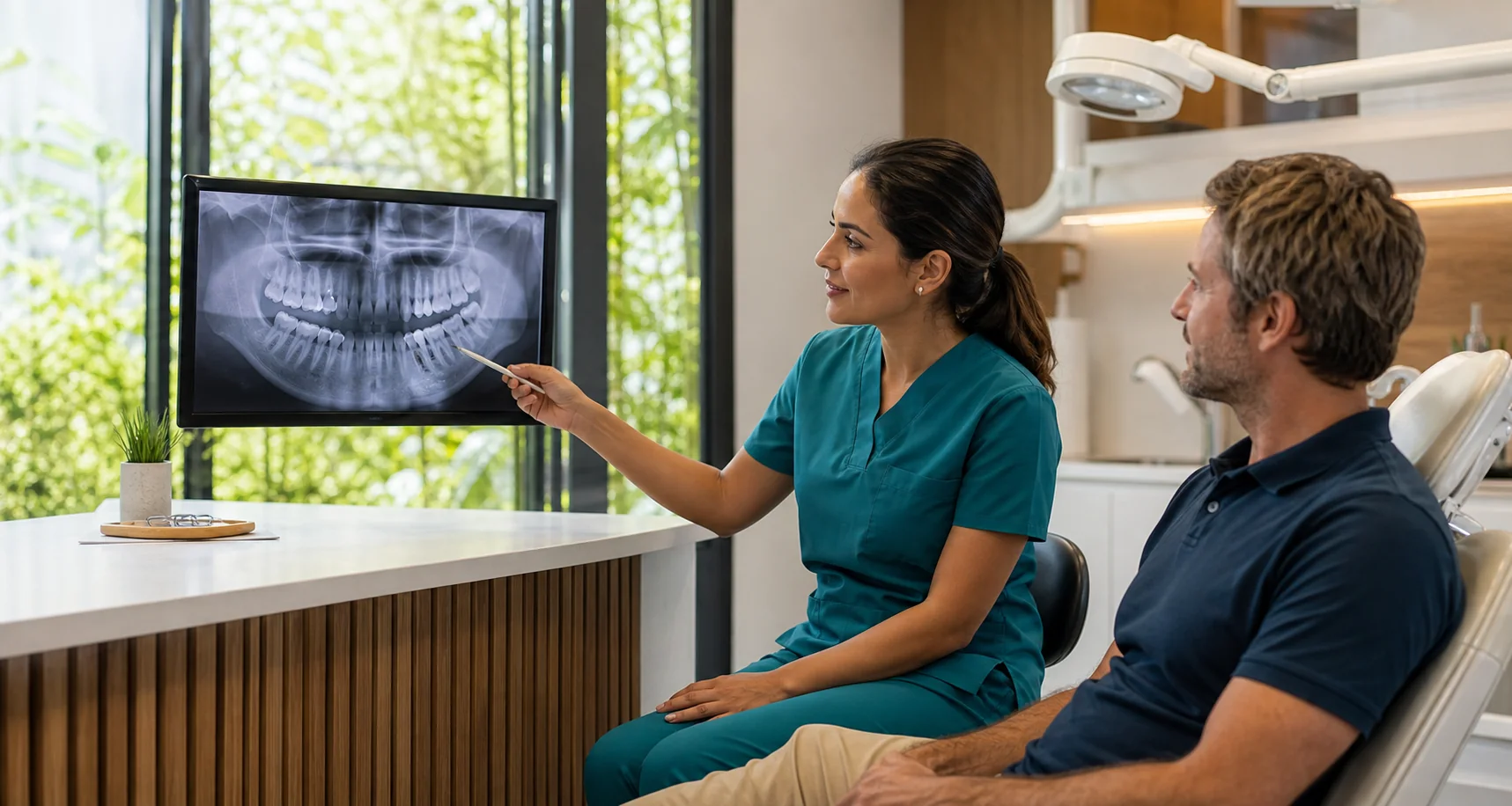 Dentist reviewing a panoramic dental image with a patient