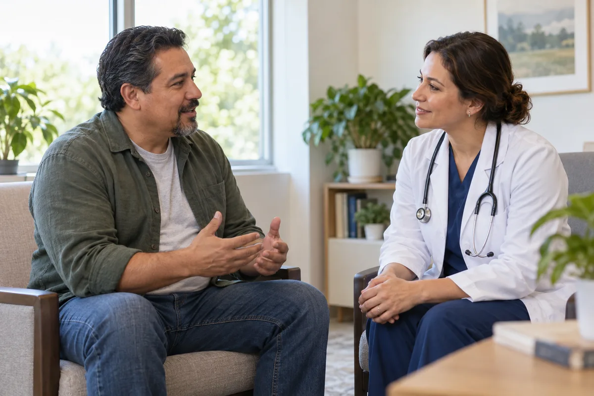 A healthcare professional listens attentively to a seated patient.