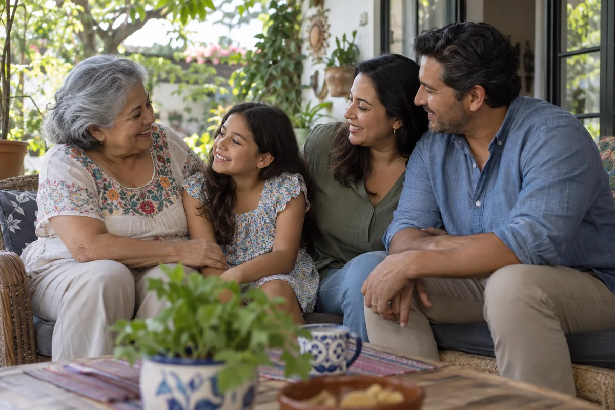 Three generations of a family sharing a relaxed moment together.