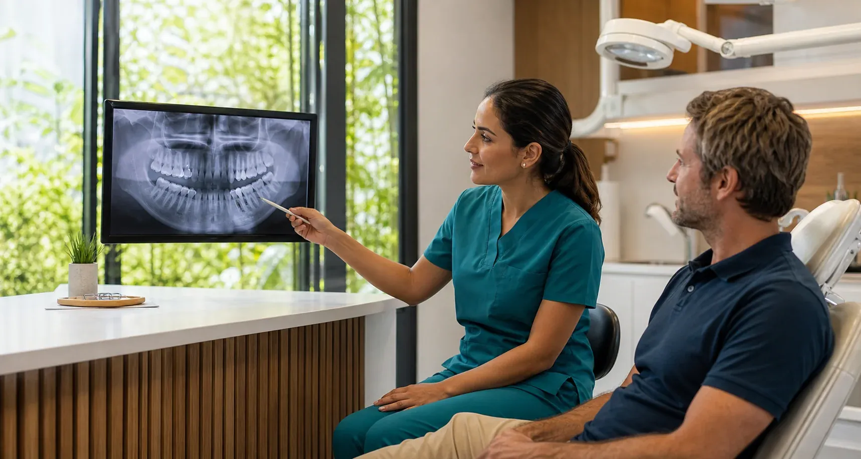Dentist explaining an X-ray to a patient