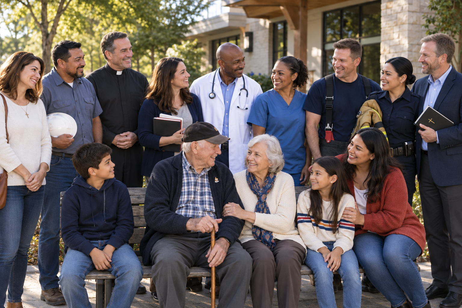 Illustrative gathering of a priest, pastor, parish community members, trades worker, teacher, doctor, nurse, firefighter, police officer, older veteran and families.