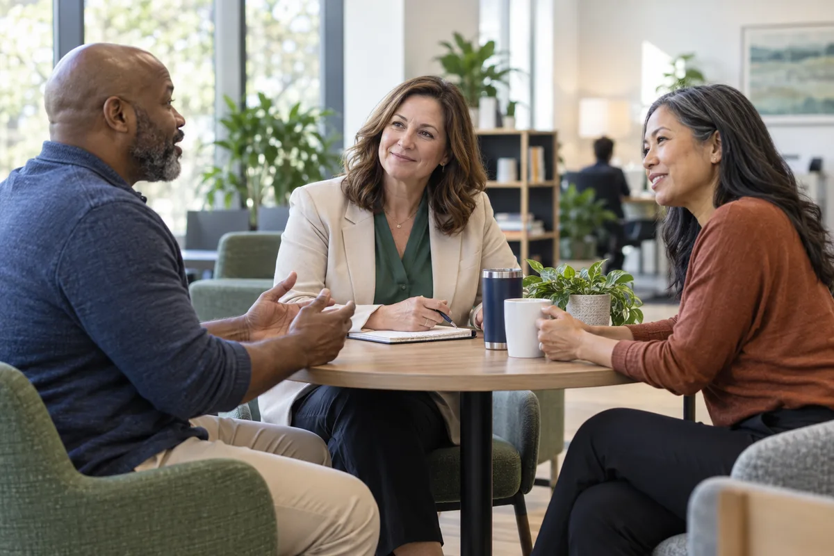 A benefits leader listens to employees during a relaxed workplace conversation.