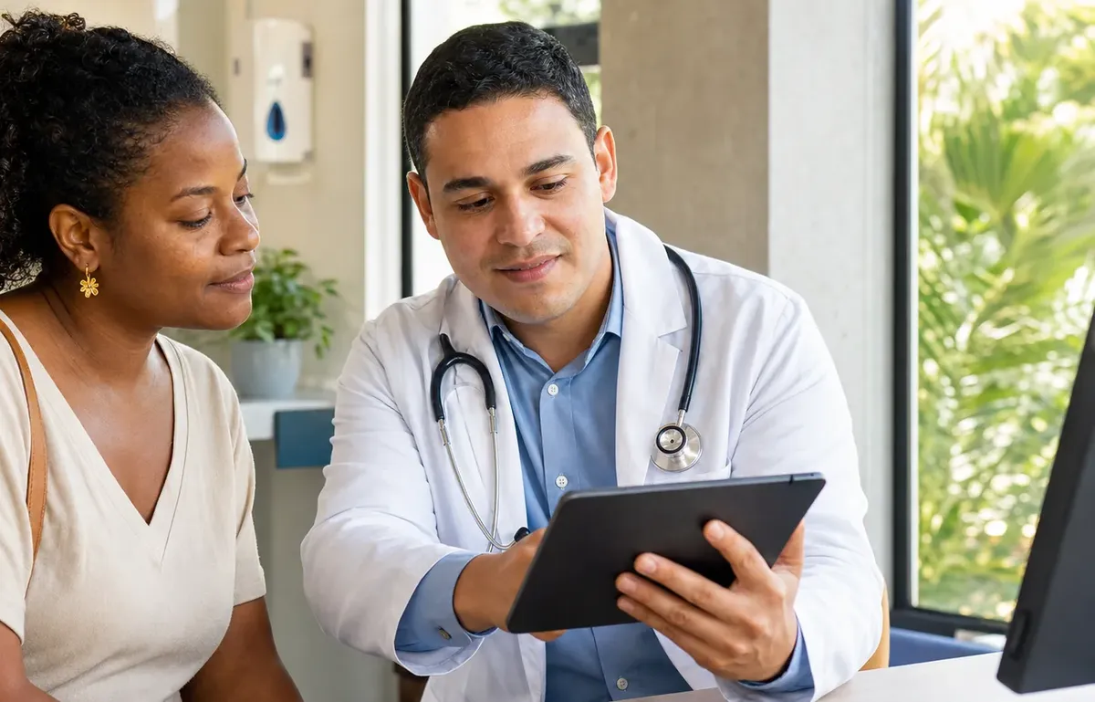 A physician reviewing test results on a tablet with a patient