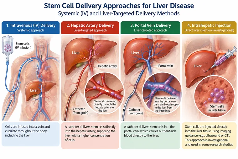 Four stem cell delivery approaches for liver disease: IV infusion, hepatic artery catheter, portal vein catheter and direct intrahepatic injection