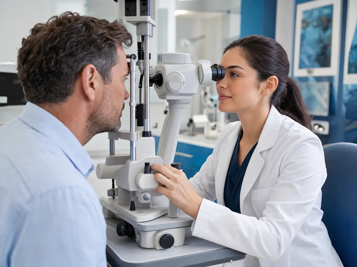 Ophthalmologist performing a comfortable eye examination