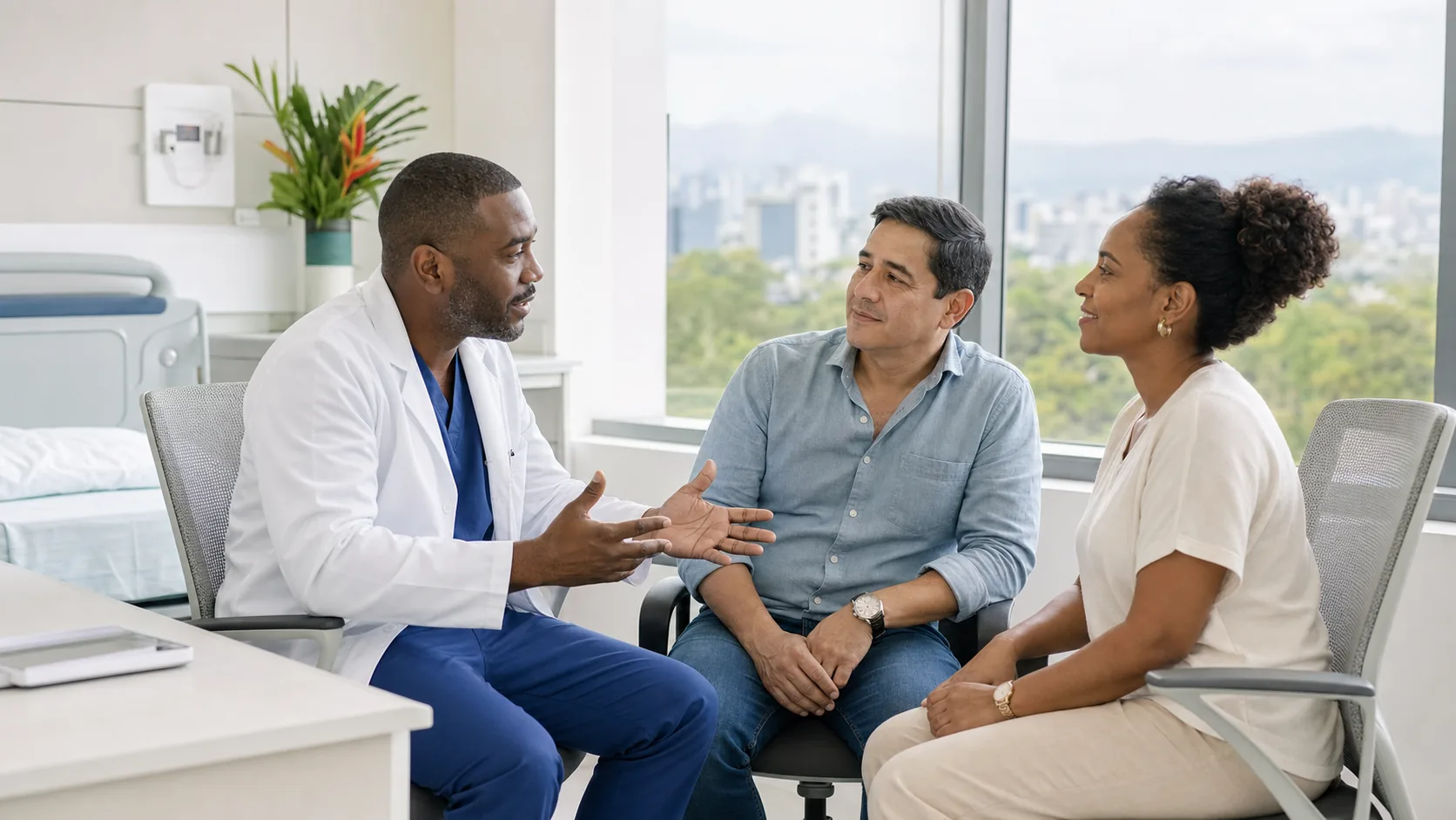 Colombian surgical professional explaining a planned procedure to a Cali patient and family member