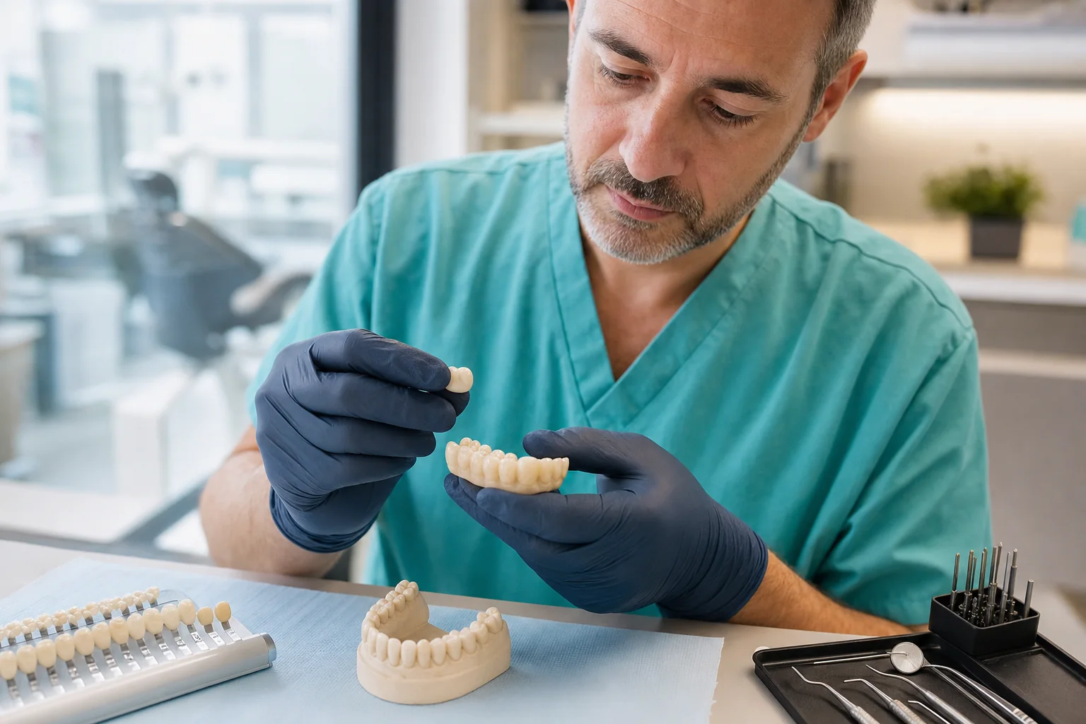 Dental professional examining a zirconia restoration
