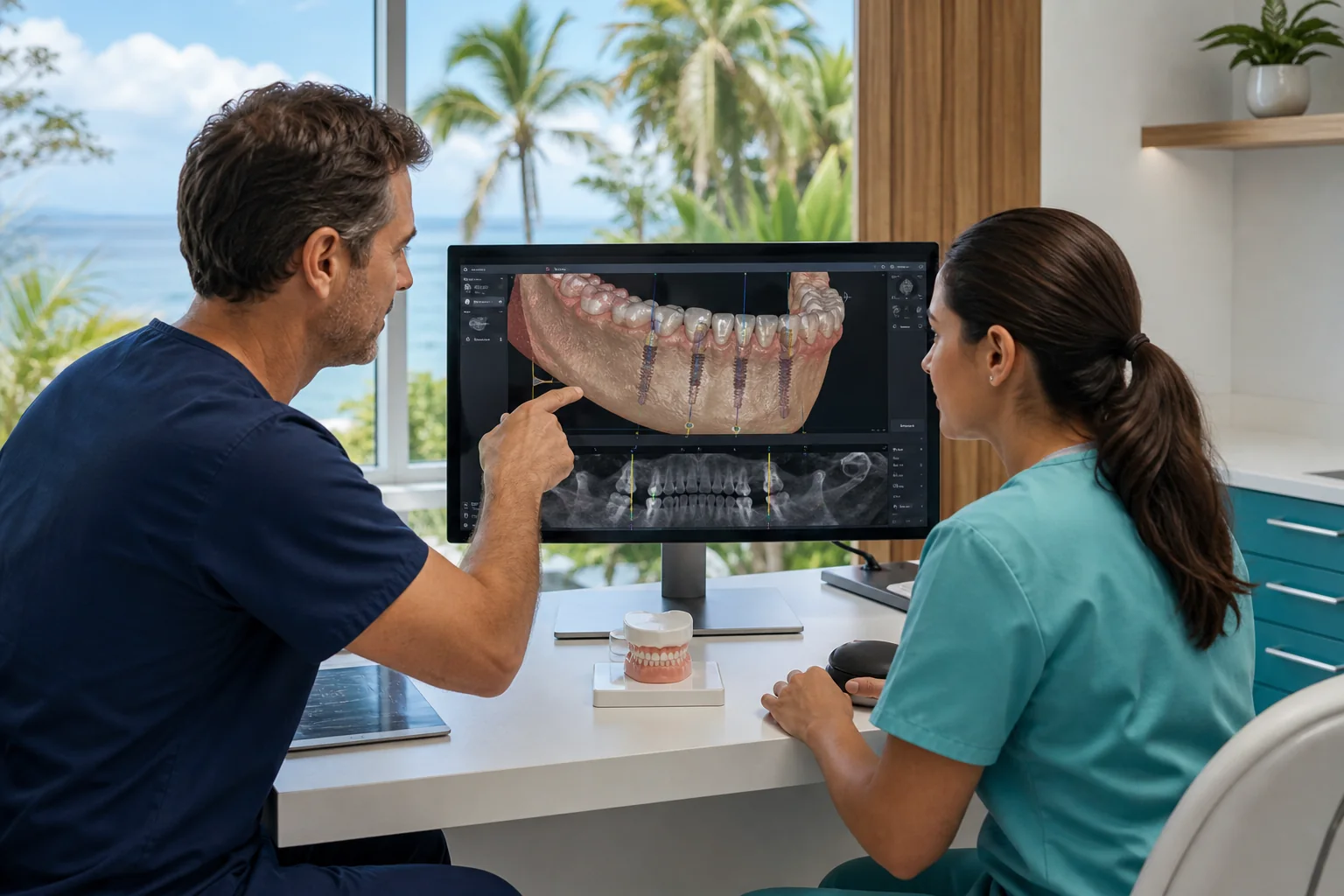 Dental team reviewing an implant treatment plan