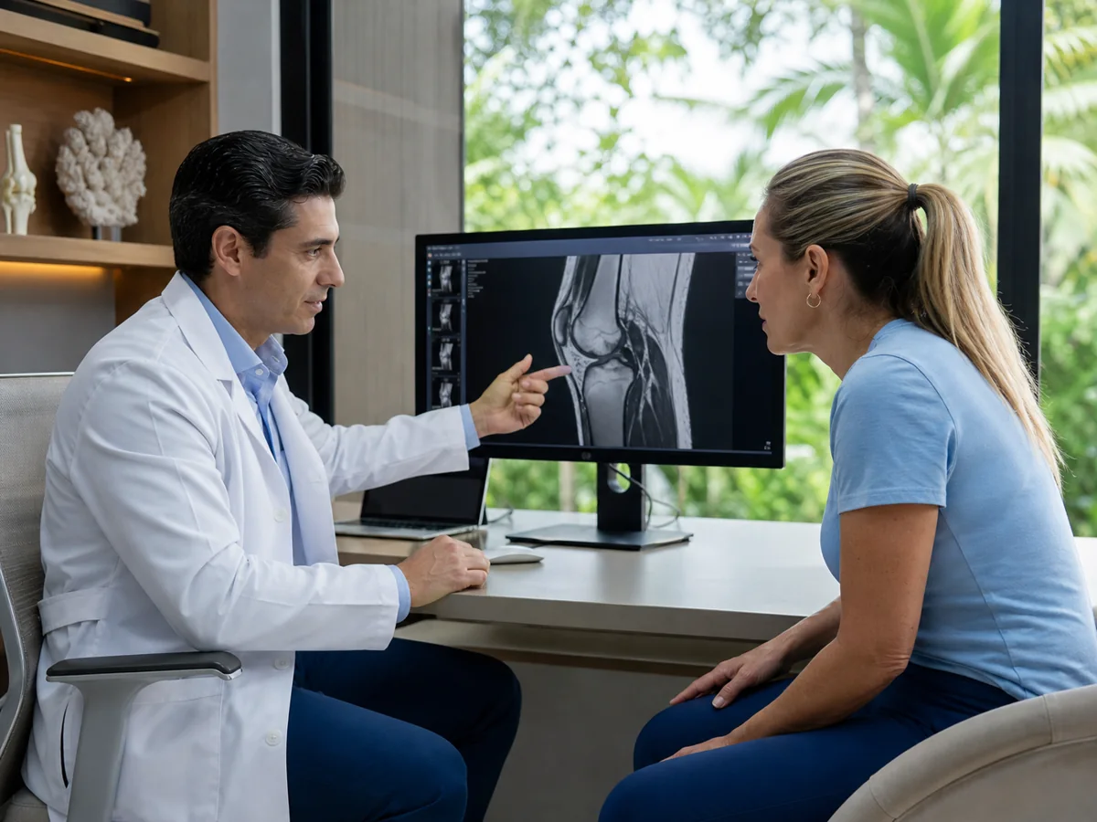 Orthopedic specialist reviewing a knee scan with a patient